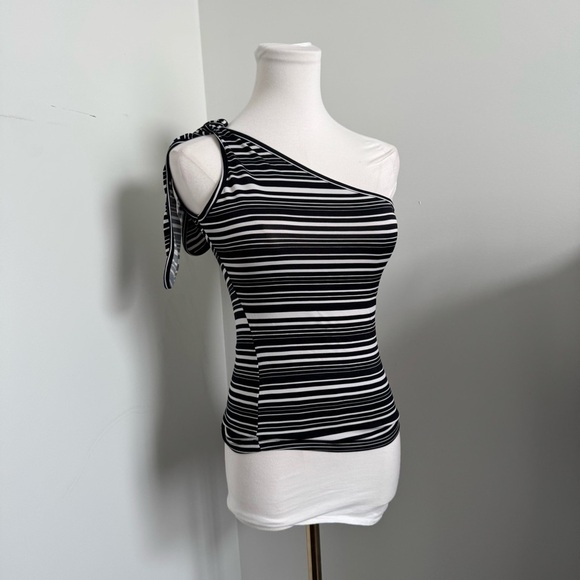 Y2K Striped One Shoulder Tank Top | Black White Tie Strap Asymmetrical Retro S - Picture 3 of 5